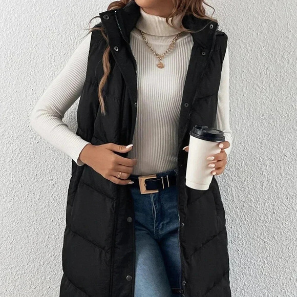 Black Casual Women's Zip Up Slant Pocket Sleeveless Hooded Padded Coat - Picture 4 of 4